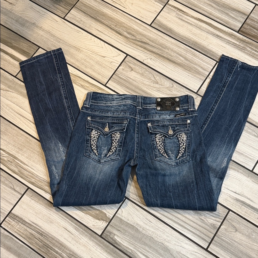 Miss Me Dark Blue Straight Leg Jeans with Embellished Pockets